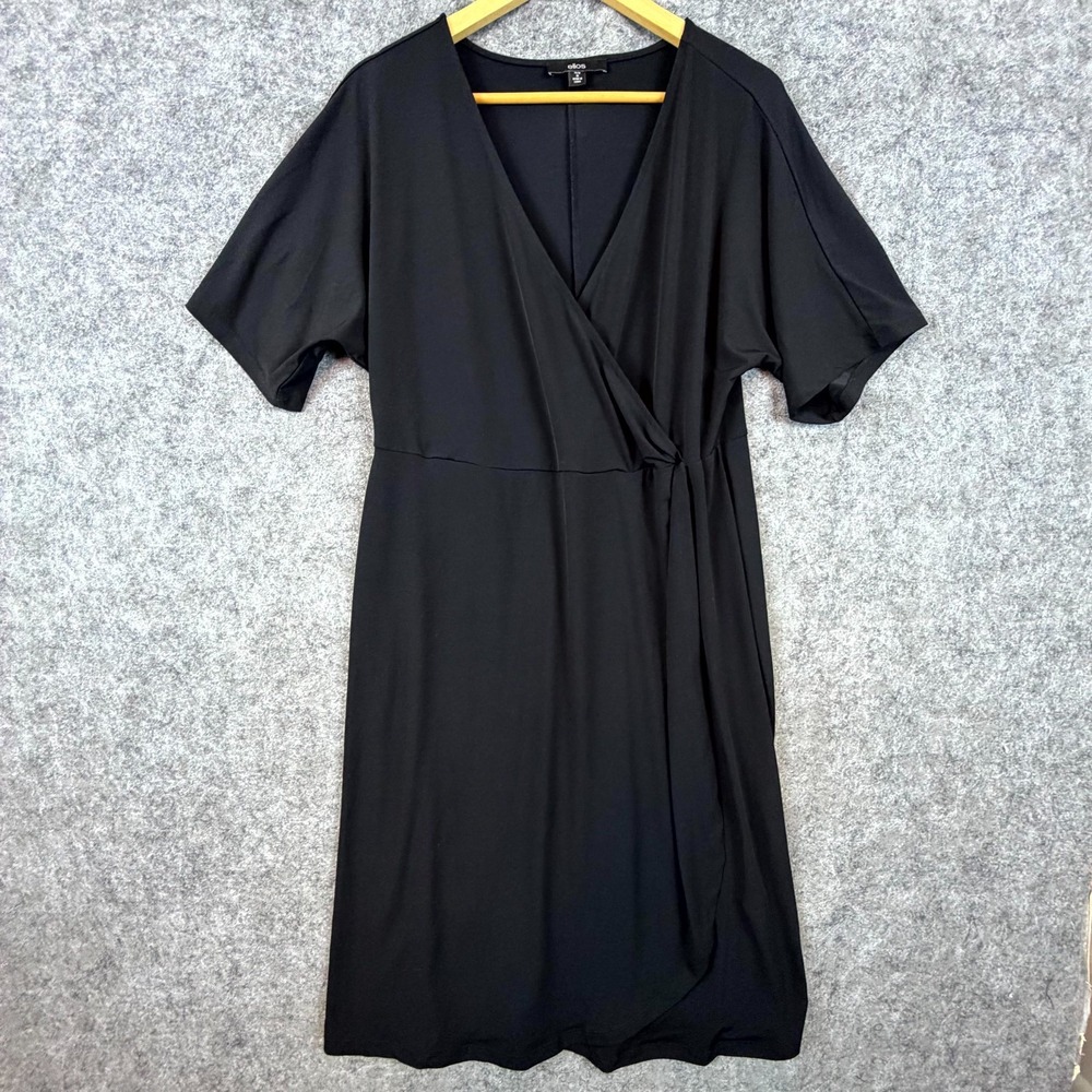 Ellos Wrap Dress Women M Black Stretch LBD Short Sleeve Surplice Neck Pullover
